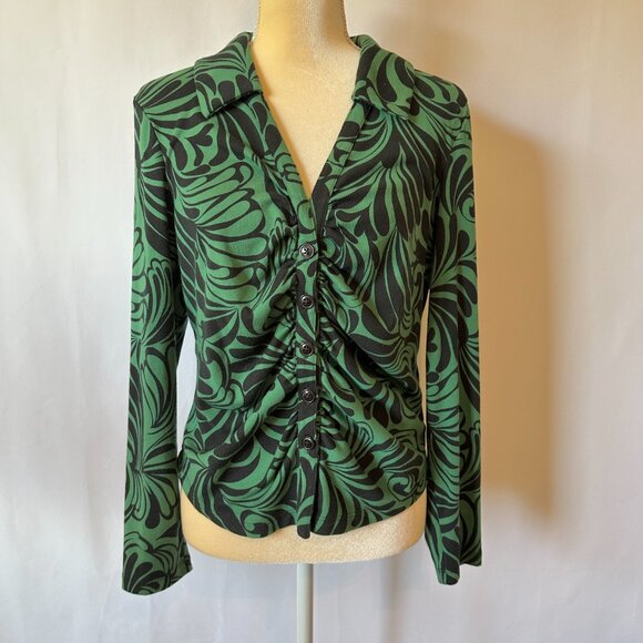 Maeve Tops - Maeve Anthropologie Shirt XLP Green Black Top Ruched Button Up Retro Motif Swirl